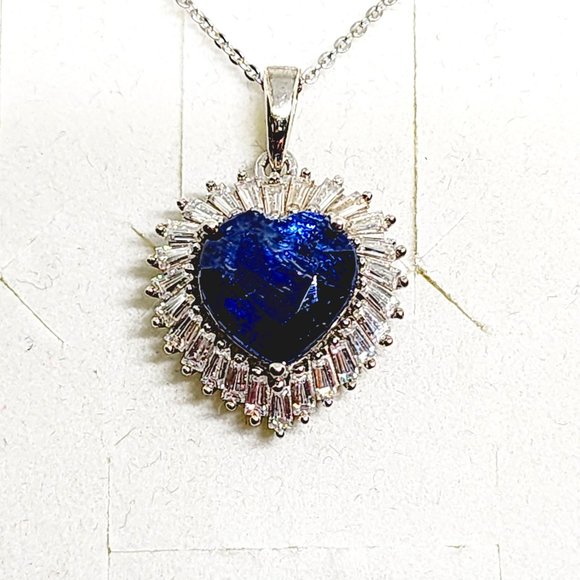 Kashmir Kyanite & Moissanite heart halo pendant 20 inch in Plat over SS 5.35 cts - Picture 1 of 5